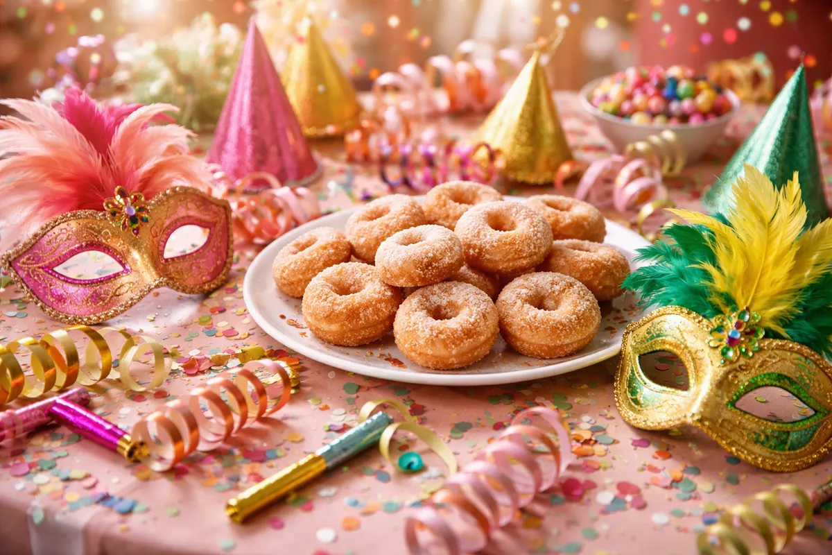 Une table de carnaval avec masques à plumes, confettis, serpentins, un plat de beignets dorés saupoudrés de sucre et des chapeaux colorés