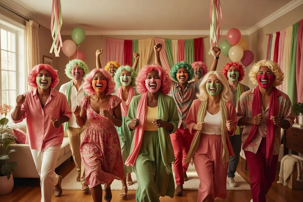 Des amis adultes en masques colorés et perruques défilent dans un salon décoré en riant