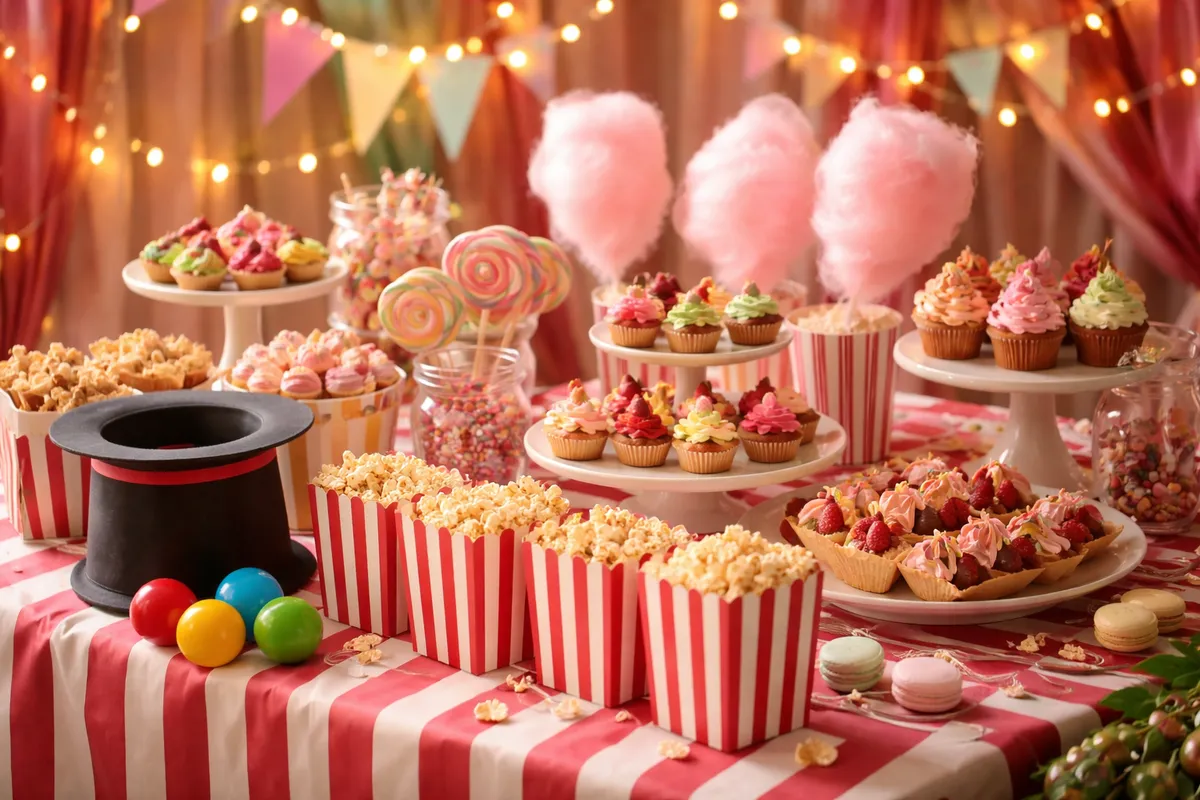 Un buffet à rayures rouges et blanches avec des gobelets de popcorn, de la barbe à papa, des gâteaux, un haut-de-forme et des balles de jonglage