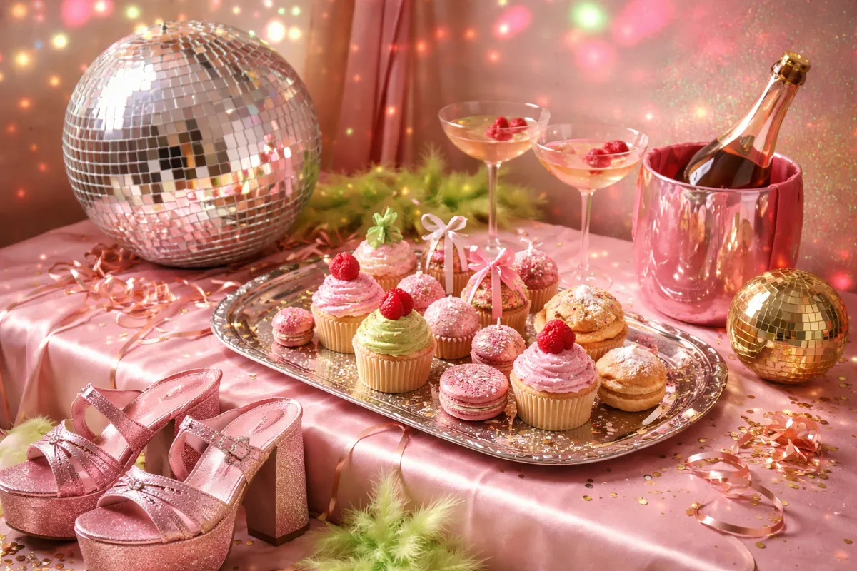 Une boule à facettes posée près d’un plateau de petits gâteaux colorés, de coupes, d’un seau et de chaussures à plateforme sur une nappe rose
