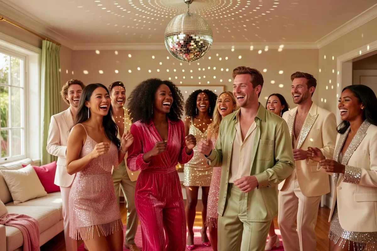 Un groupe d’amis en tenues brillantes danse en riant sous une boule à facettes dans un salon