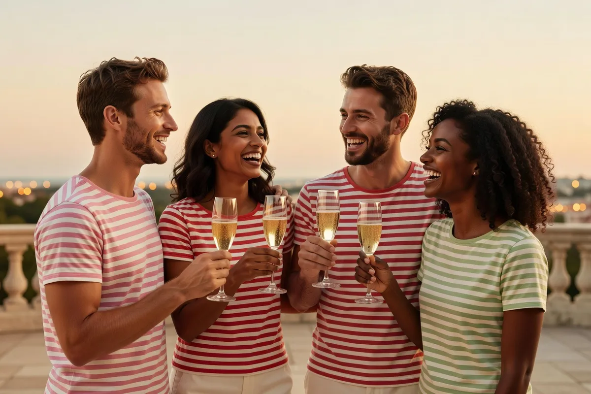 Quatre amis en tee-shirts rayés trinquent en riant sur une terrasse au coucher du soleil