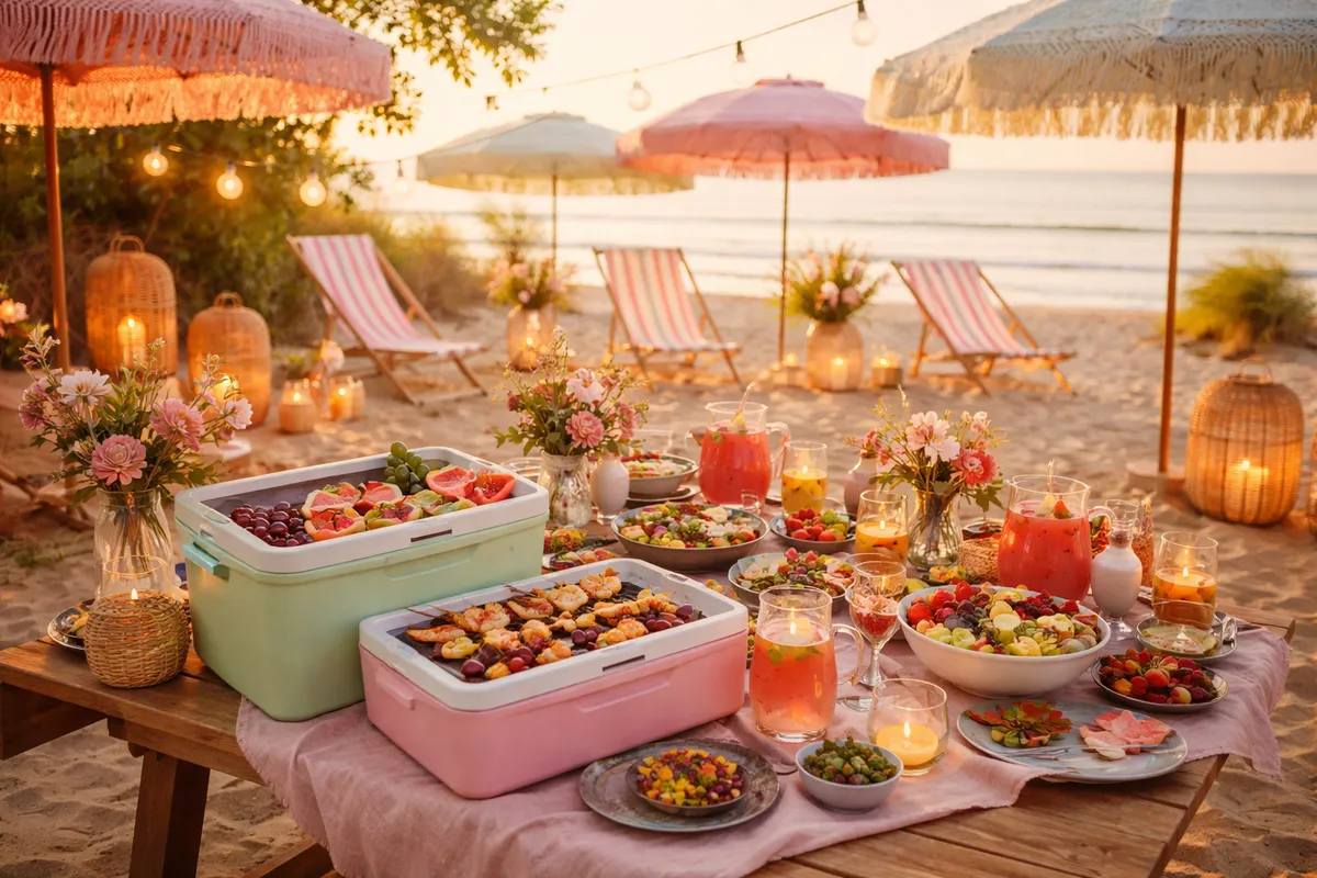 Buffet au bord de l’eau avec glacières, plats à partager et verres colorés, entouré de parasols, de chaises longues et de lanternes