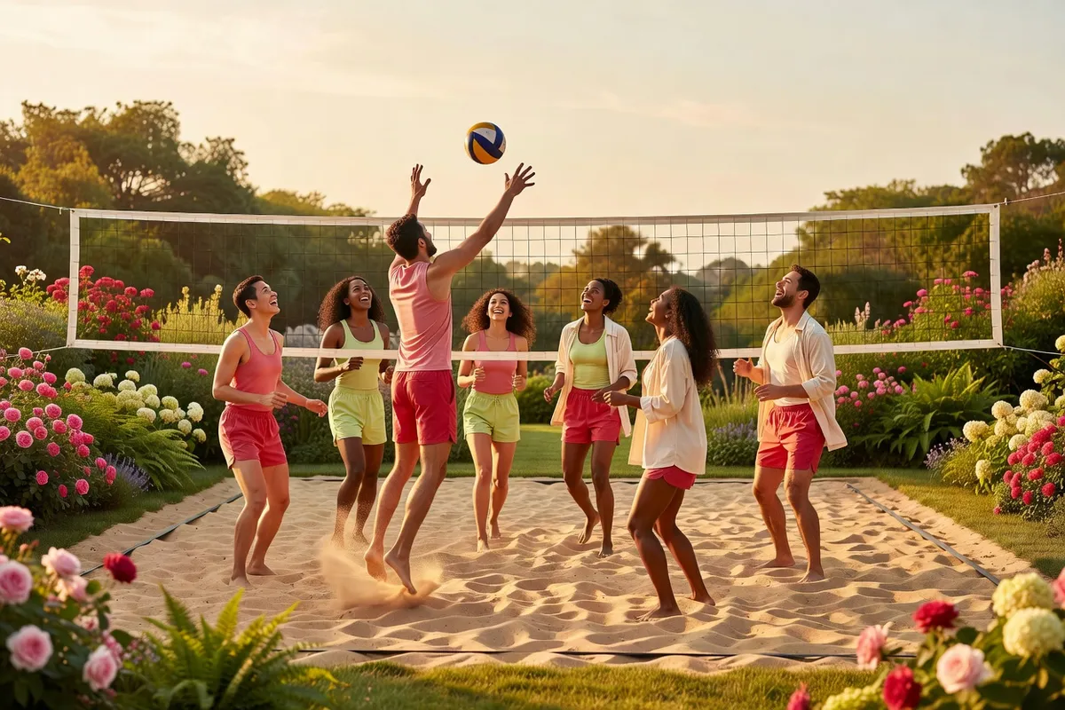 Huit personnes jouent au volley-ball sur un terrain de sable aménagé dans un jardin fleuri