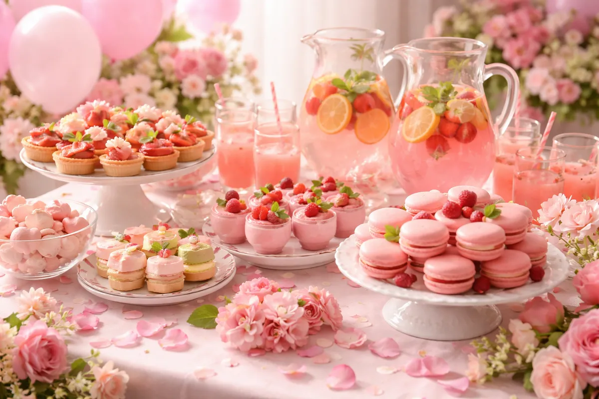 Table de buffet rose avec fleurs, fruits rouges, ballons et petites lumières