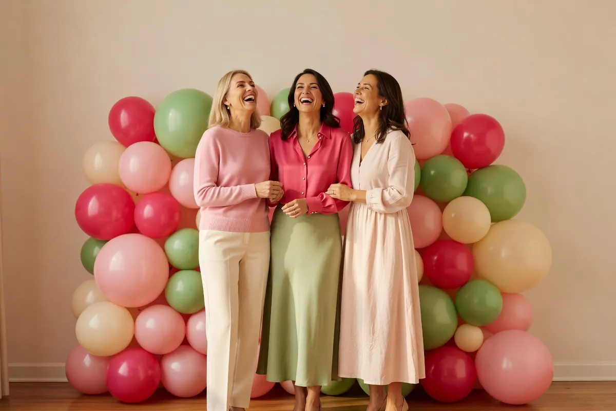 Trois amies rient devant un mur de ballons roses, verts et crème, vêtues de rose, de vert et de blanc