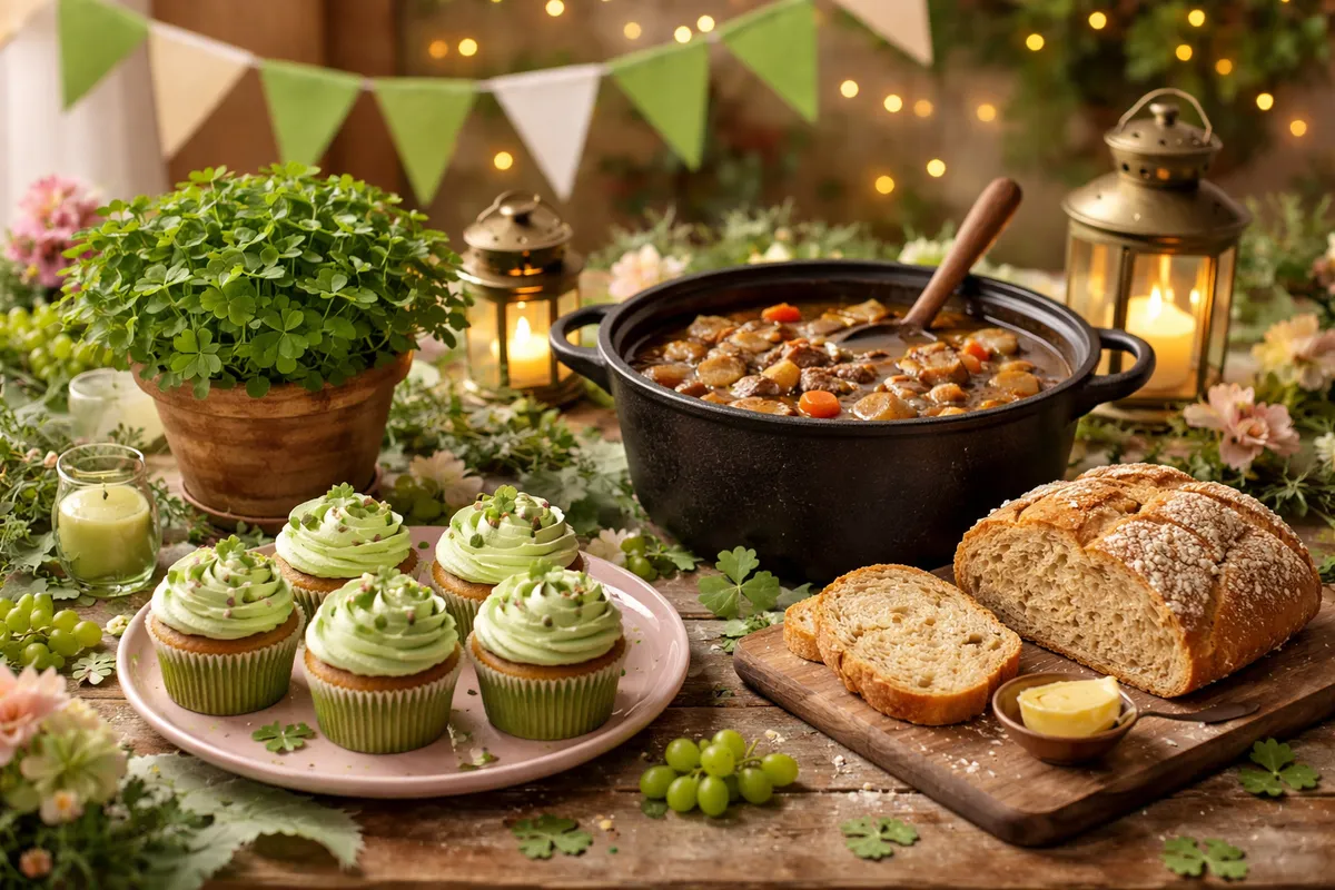Une table décorée de fanions verts et de lanternes, avec un ragoût dans une cocotte en fonte, un pain, des petits gâteaux verts et un pot de trèfle