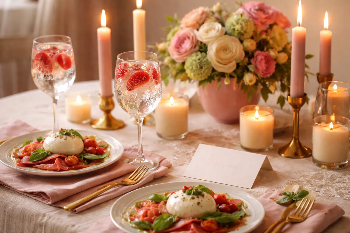 Une table intime avec des bougies, des fleurs, deux assiettes de tomates et de burrata, des verres de boisson aux fraises et une carte vierge