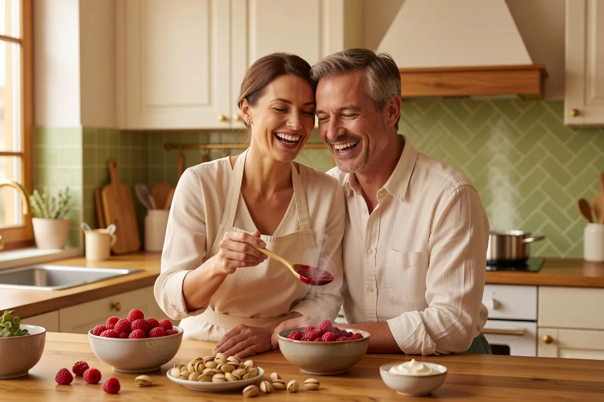 Un couple rit en cuisinant ensemble dans une cuisine claire, des framboises et des noix sur le plan de travail