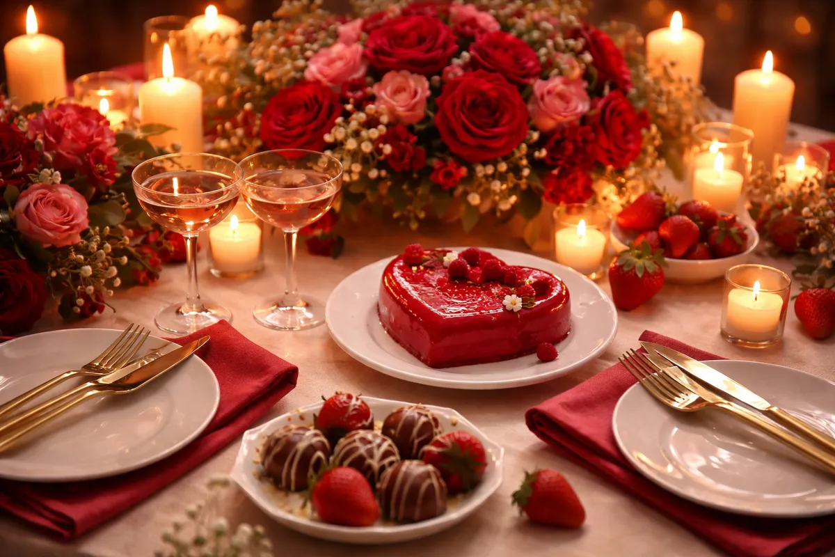 Une table dressée pour deux, ornée de roses rouges, de bougies, de fraises enrobées de chocolat et d’un dessert en forme de cœur