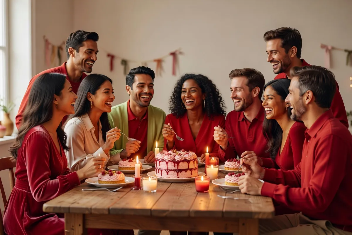 Un groupe d’amis adultes en tenues rouges rit autour d’une table à la lumière des bougies, partageant un dessert