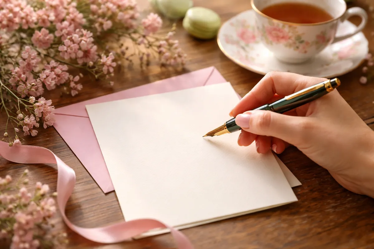 Une main tient un stylo-plume au-dessus d’une carte crème, avec des petites fleurs roses et une tasse de thé
