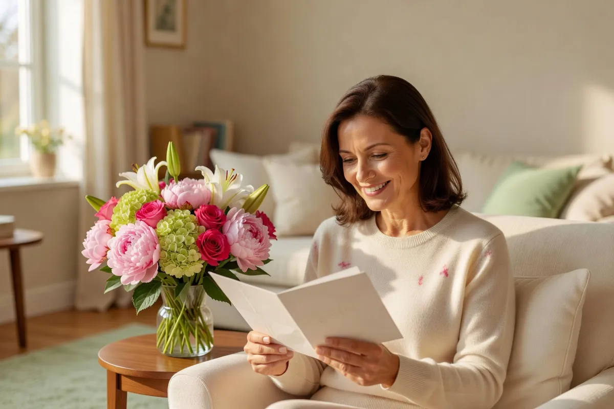 Une femme d’une cinquantaine d’années lit une carte d’anniversaire avec émotion, un bouquet posé à côté d’elle