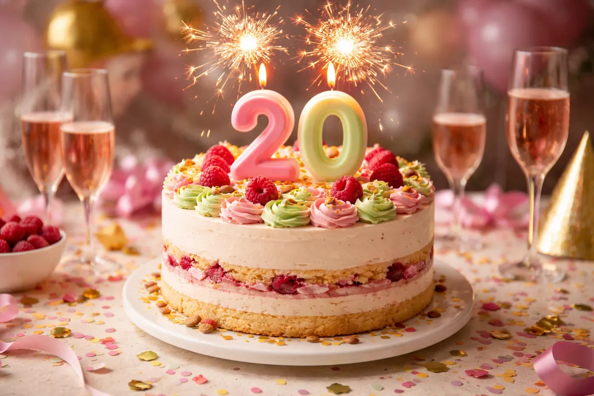 Un gâteau à étages surmonté de deux bougies en chiffres 20 et de feux de Bengale, près de coupes de rosé