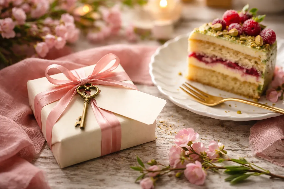 Un petit paquet noué d’un ruban rose et orné d’une clé, posé près d’une part de gâteau aux framboises et à la pistache, avec des fleurs de cerisier