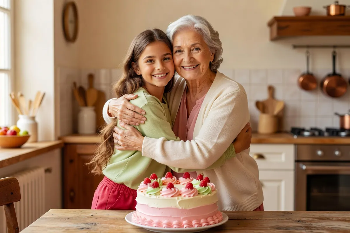 Une adolescente serre sa grand-mère dans ses bras dans une cuisine, un gâteau rose devant elles