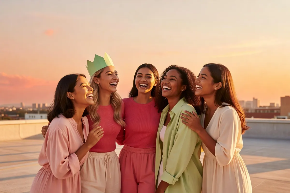 Cinq jeunes femmes rient en se serrant les unes contre les autres sur une terrasse, au coucher du soleil