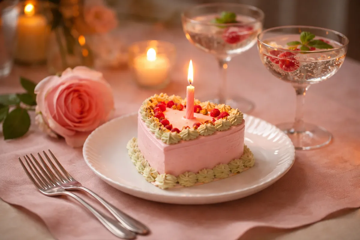 Un petit gâteau en forme de cœur avec une bougie allumée posé sur une assiette blanche à côté de deux verres d’eau pétillante