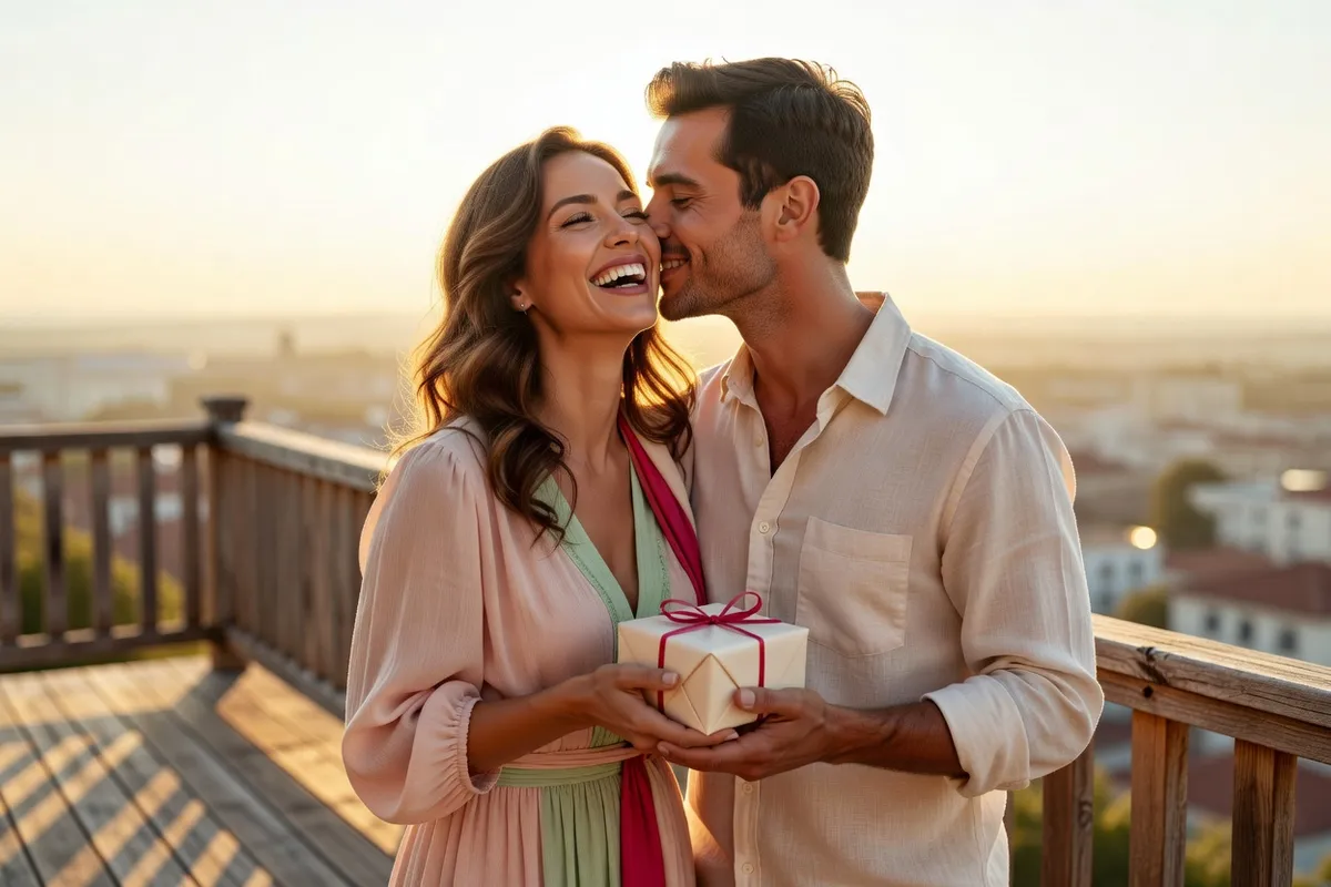 Un couple d’une trentaine d’années rit sur un balcon au coucher du soleil, la femme tient un petit cadeau emballé