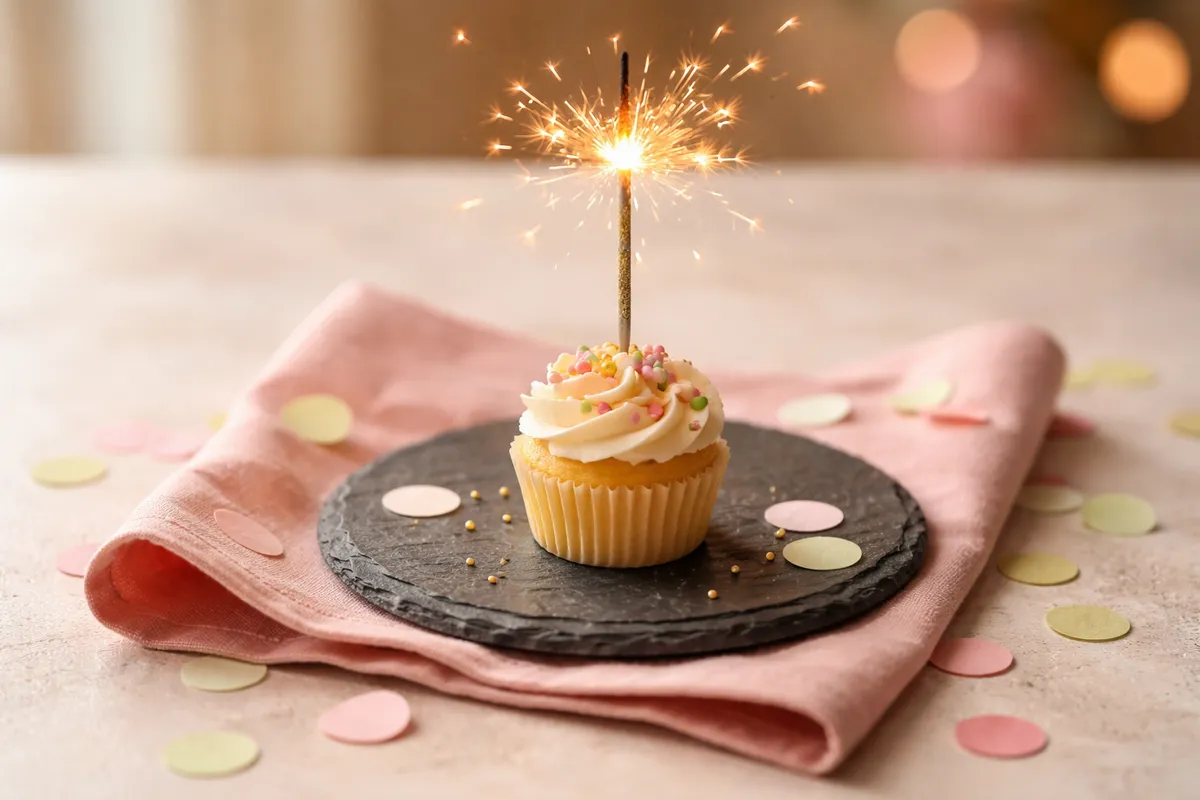 Un petit gâteau couronné de crème rose et d’un cierge magique étincelant, posé sur une assiette en ardoise et une serviette rose, avec quelques confettis