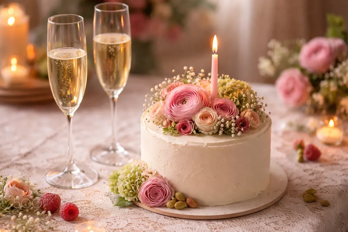 Deux flûtes de champagne et un petit gâteau blanc décoré de fleurs fraîches avec une bougie, sur une nappe en dentelle