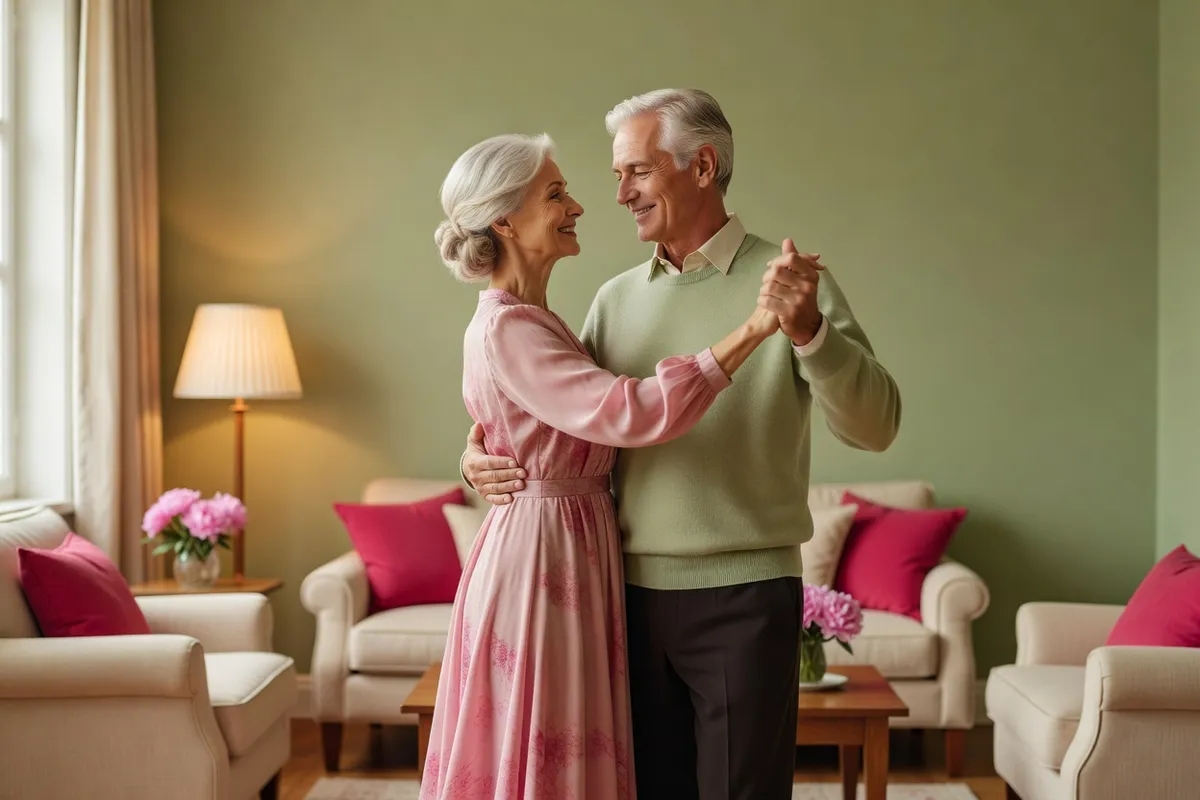 Un couple élégant d’une soixantaine d’années danse lentement dans un salon éclairé par une lampe, en se souriant