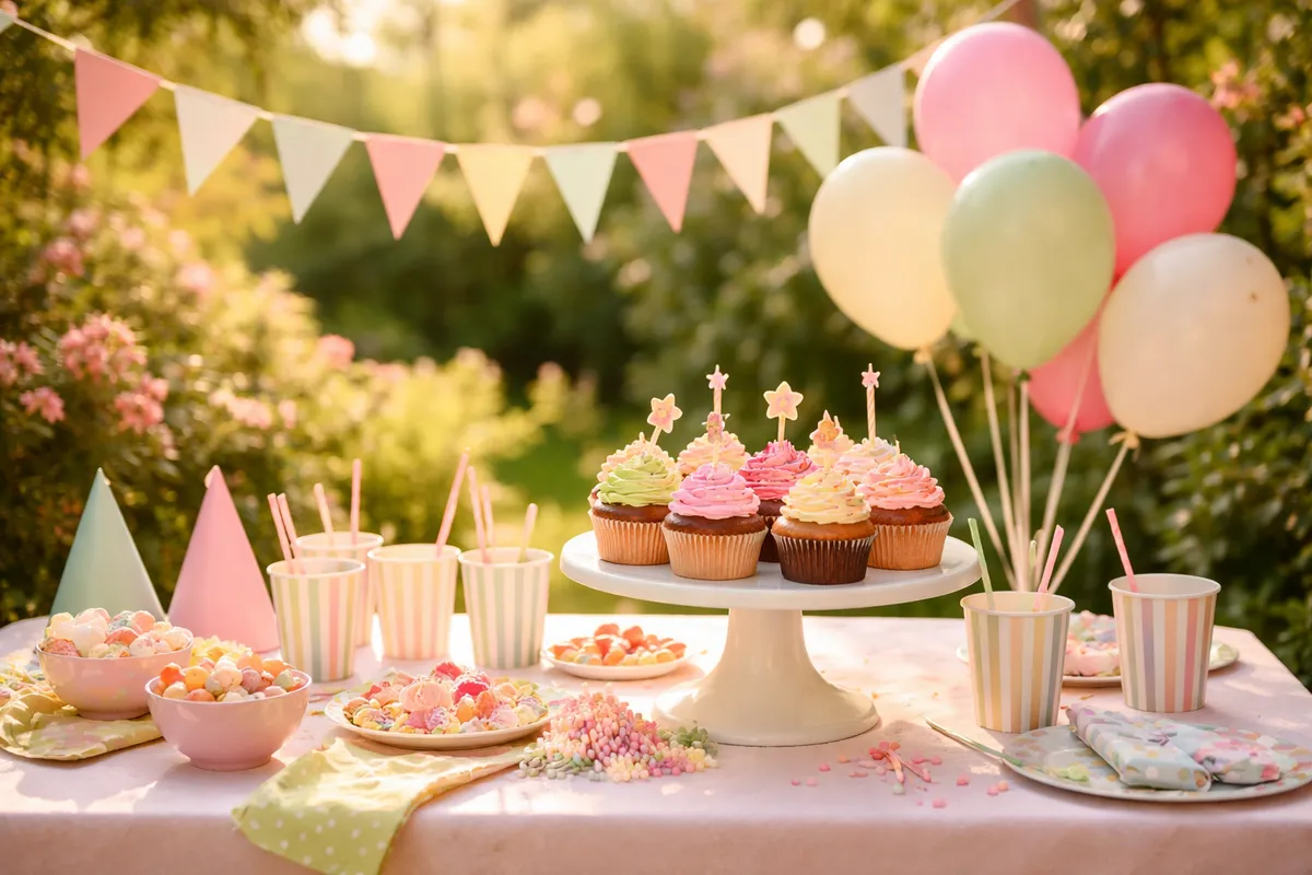 Une table d’anniversaire pour enfants avec des cupcakes colorés, des gobelets en carton, des ballons et une guirlande pastel
