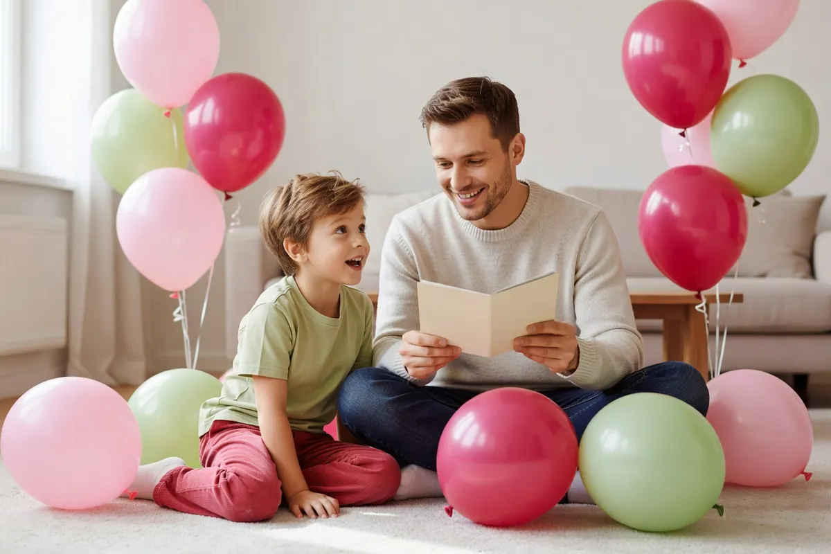 Un père lit une carte d’anniversaire à haute voix à son fils d’environ cinq ans, tous deux assis par terre au milieu de ballons