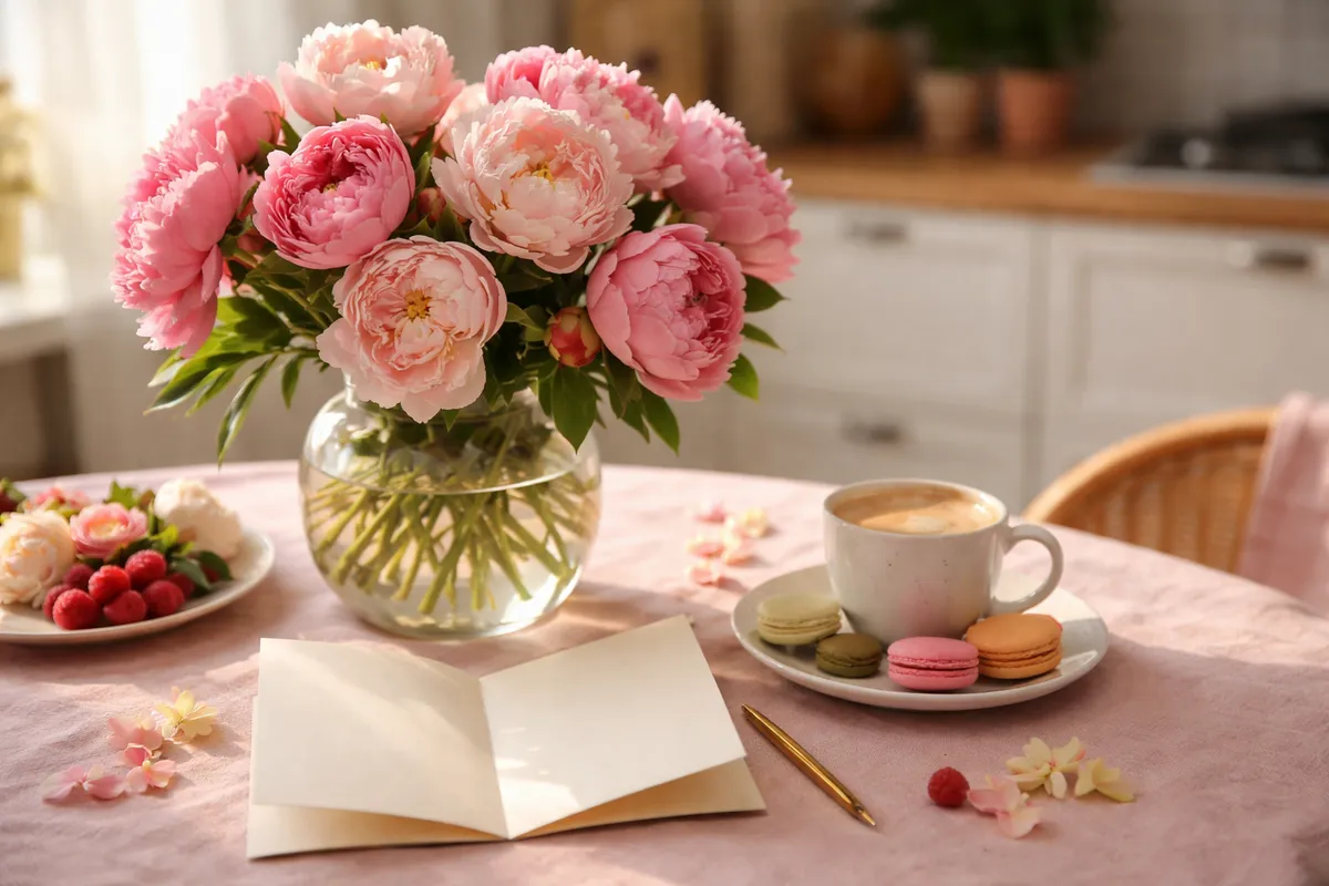 Un bouquet de pivoines roses dans un vase en verre posé à côté d’une carte vierge ouverte et d’une tasse de café sur une table de cuisine