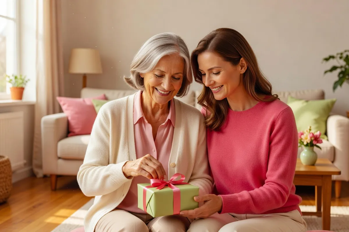 Une mère d’une soixantaine d’années ouvre un petit paquet cadeau avec un grand sourire dans un salon ensoleillé, sa fille la regarde à côté d’elle