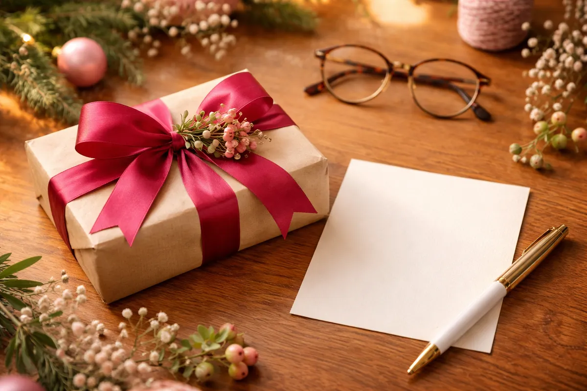 Un cadeau emballé dans du papier kraft avec un ruban framboise, des lunettes de lecture et une carte vierge posés sur un bureau en bois