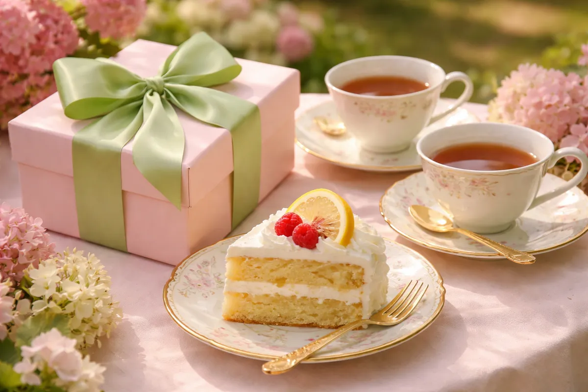 Un paquet cadeau rose noué d’un ruban vert, deux tasses de thé et une part de gâteau à la framboise sur une table fleurie
