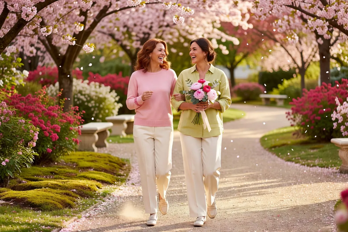 Deux femmes se promènent côte à côte dans une allée bordée d’arbres en fleurs, l’une tenant un bouquet