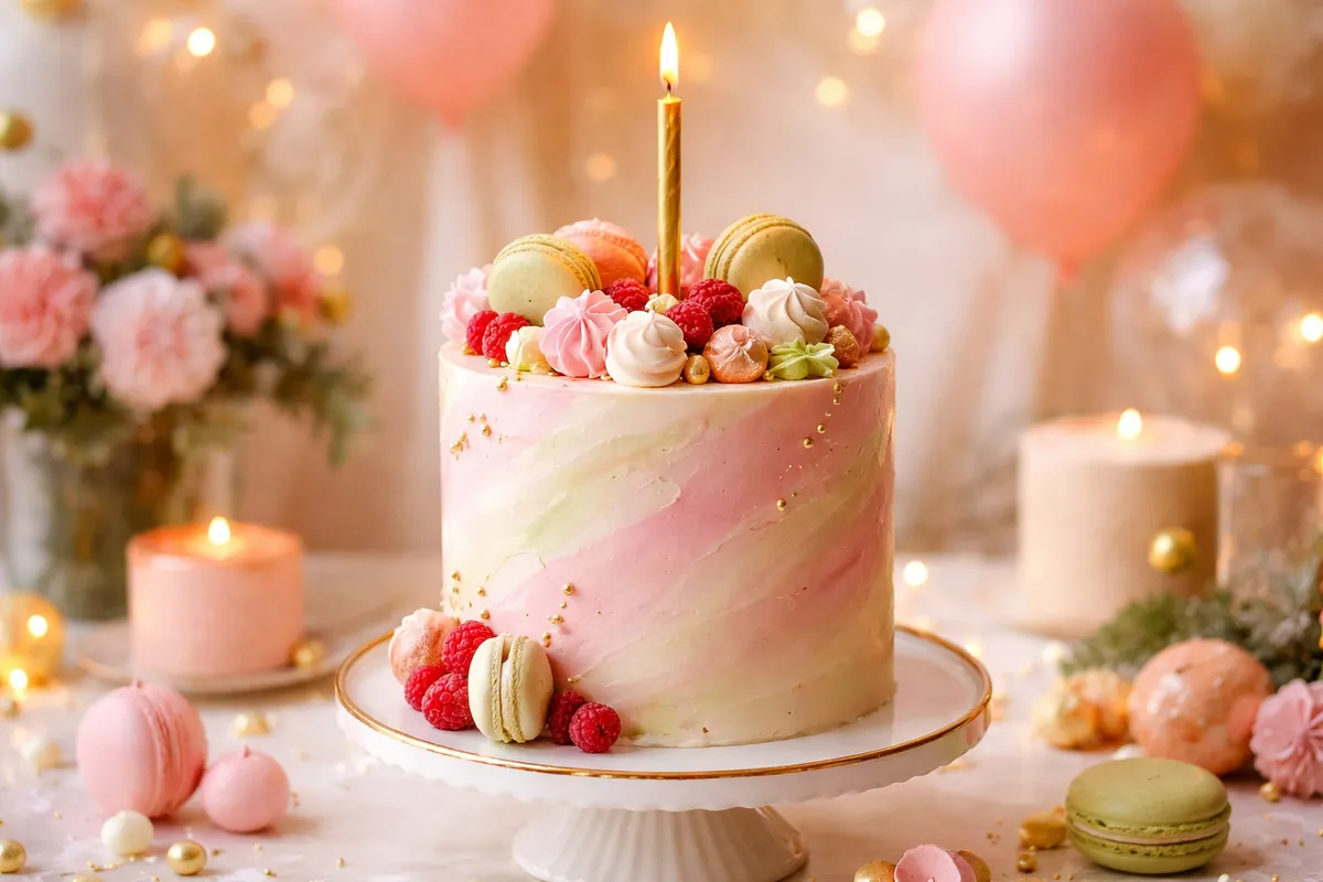 Un gâteau rose et vert orné de macarons, de framboises et d’une longue bougie dorée, devant des fleurs et des bougies