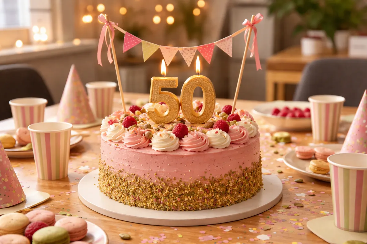 Un gâteau surmonté d’une bougie dorée en forme de cinquante et de fanions sur une table de bureau avec des gobelets en carton