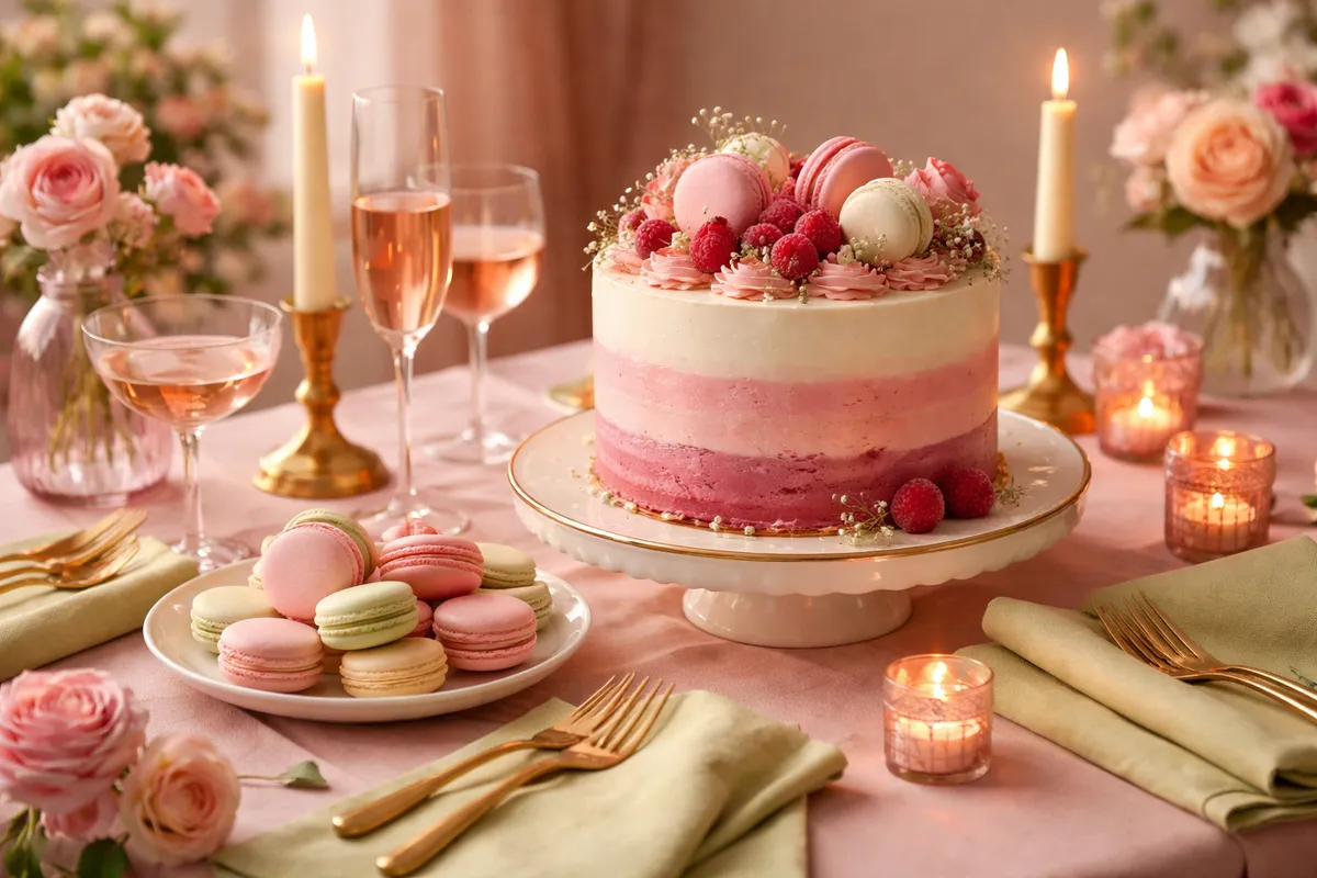 Table de goûter d’anniversaire ornée de fleurs, de pâtisseries et d’assiettes colorées