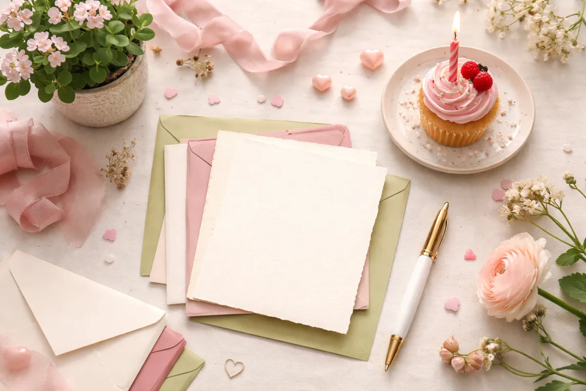 Des cartes vierges, des enveloppes roses et vertes, un stylo, des fleurs et un cupcake avec une bougie posés sur une table