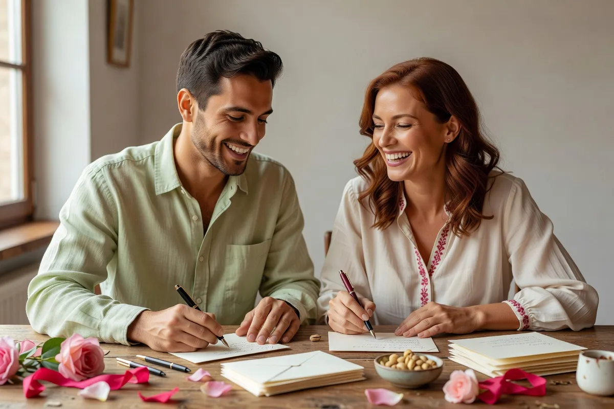 Un homme et une femme sourient en écrivant des cartes à une table couverte de fleurs et de papiers