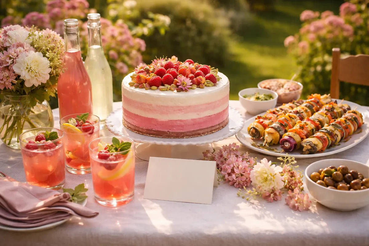Une table d’anniversaire décorée dans un jardin avant l’arrivée des invités
