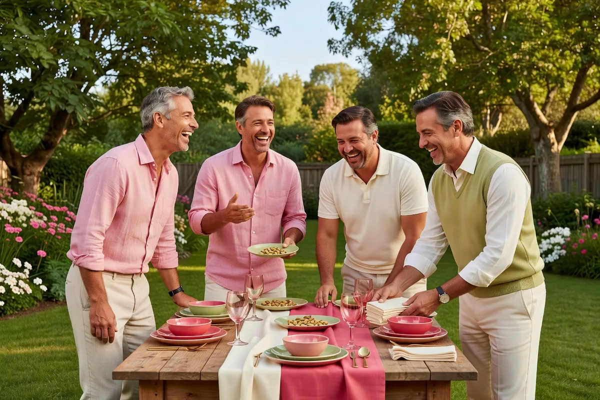 Quatre hommes souriants dressent ensemble une table en bois dans un jardin pour un anniversaire