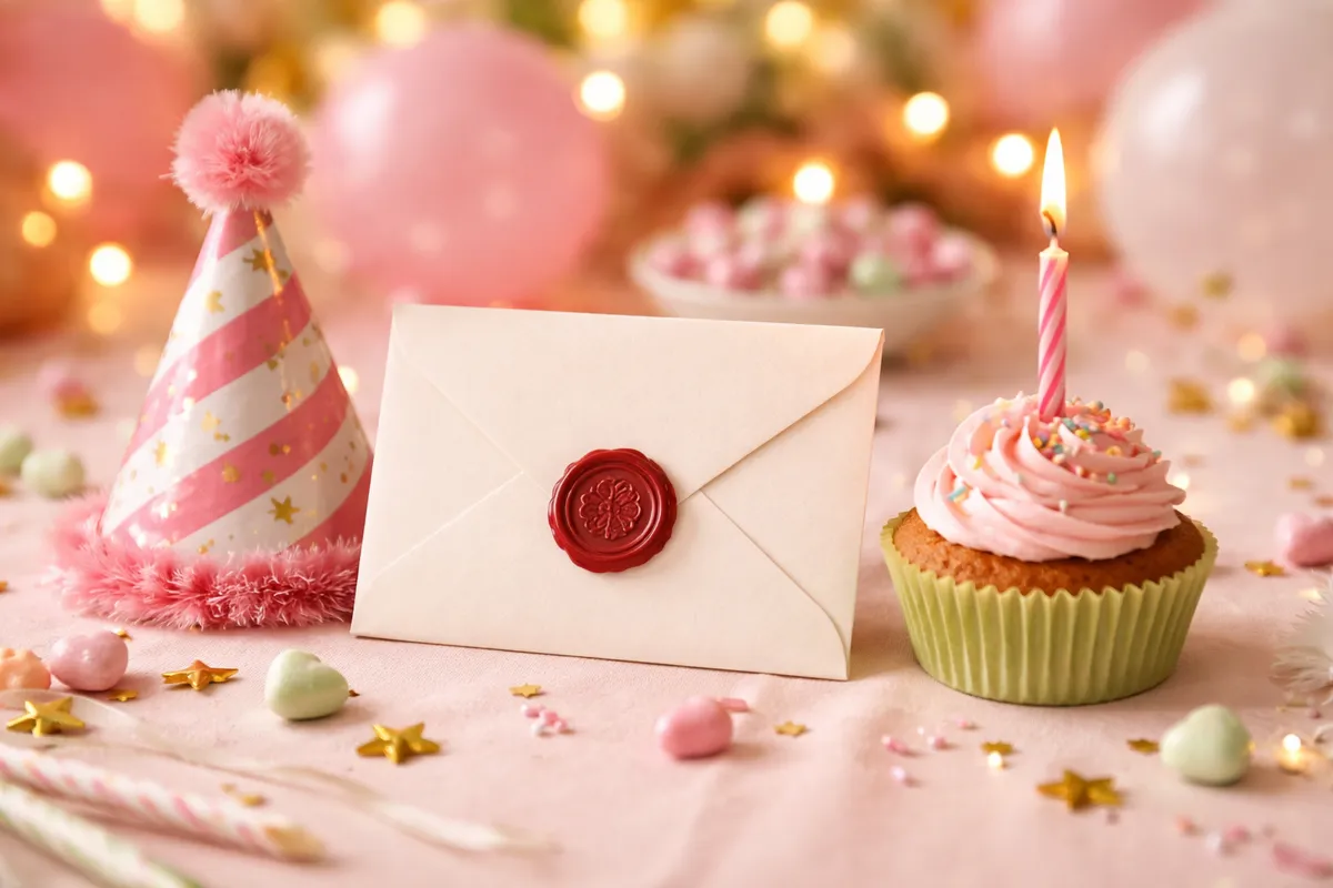 Une enveloppe fermée d’un cachet de cire rouge, un chapeau de fête rayé et un petit gâteau rose sur une table parsemée de confettis