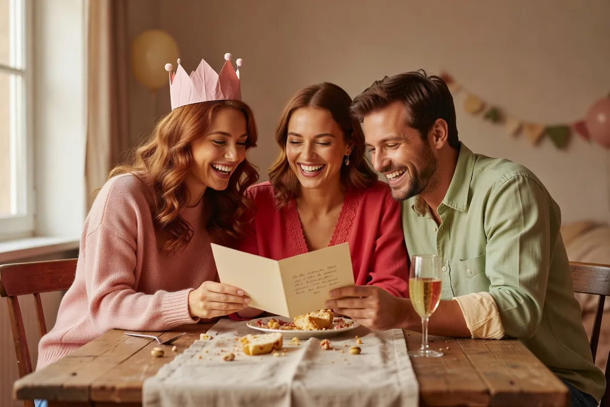 Trois amis rient en lisant ensemble une carte, l’une des femmes coiffée d’une couronne en papier, un verre à la main
