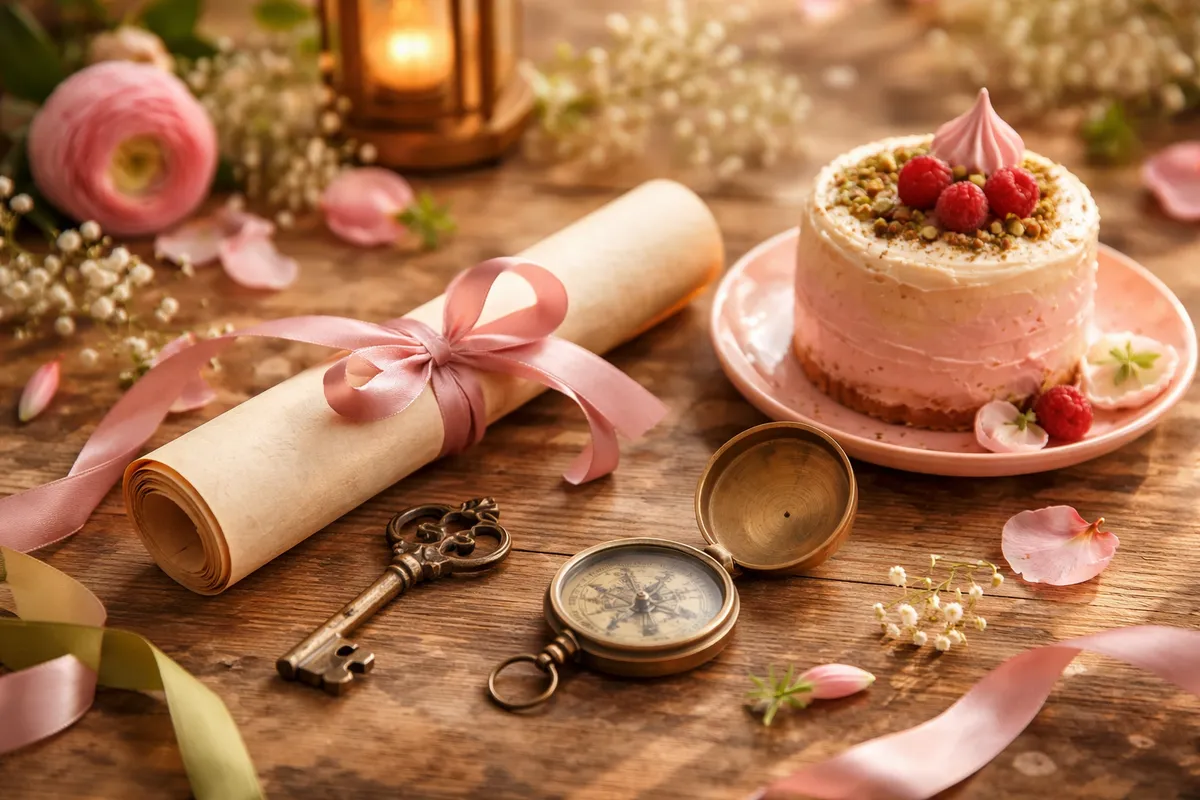 Un parchemin roulé noué d’un ruban rose, une clé ancienne, une boussole et un petit gâteau sur une table en bois