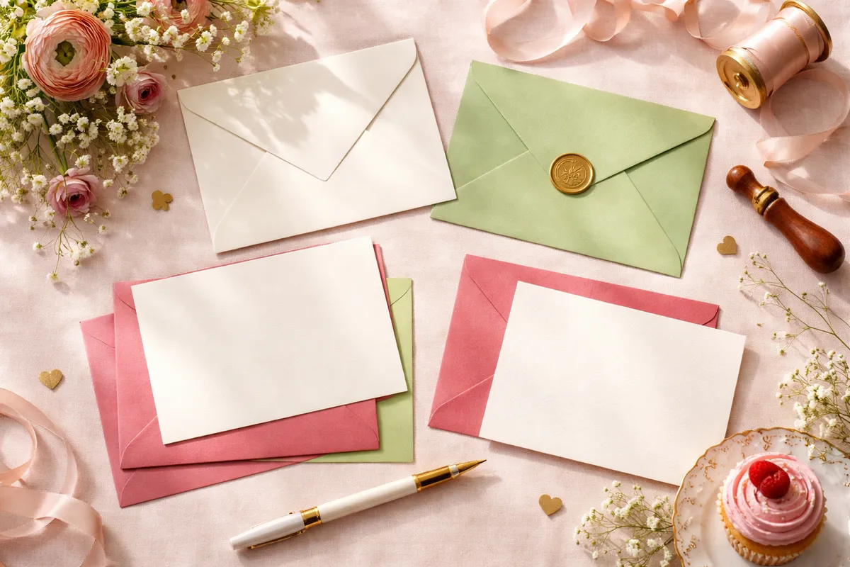 Cartons d’invitation, enveloppes et fleurs disposés sur une table de fête