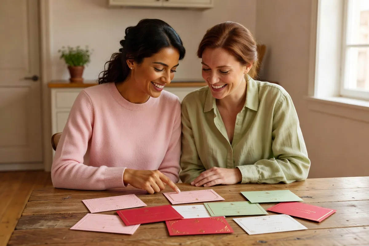 Deux femmes rient en triant des cartes d’invitation de plusieurs couleurs sur une table en bois