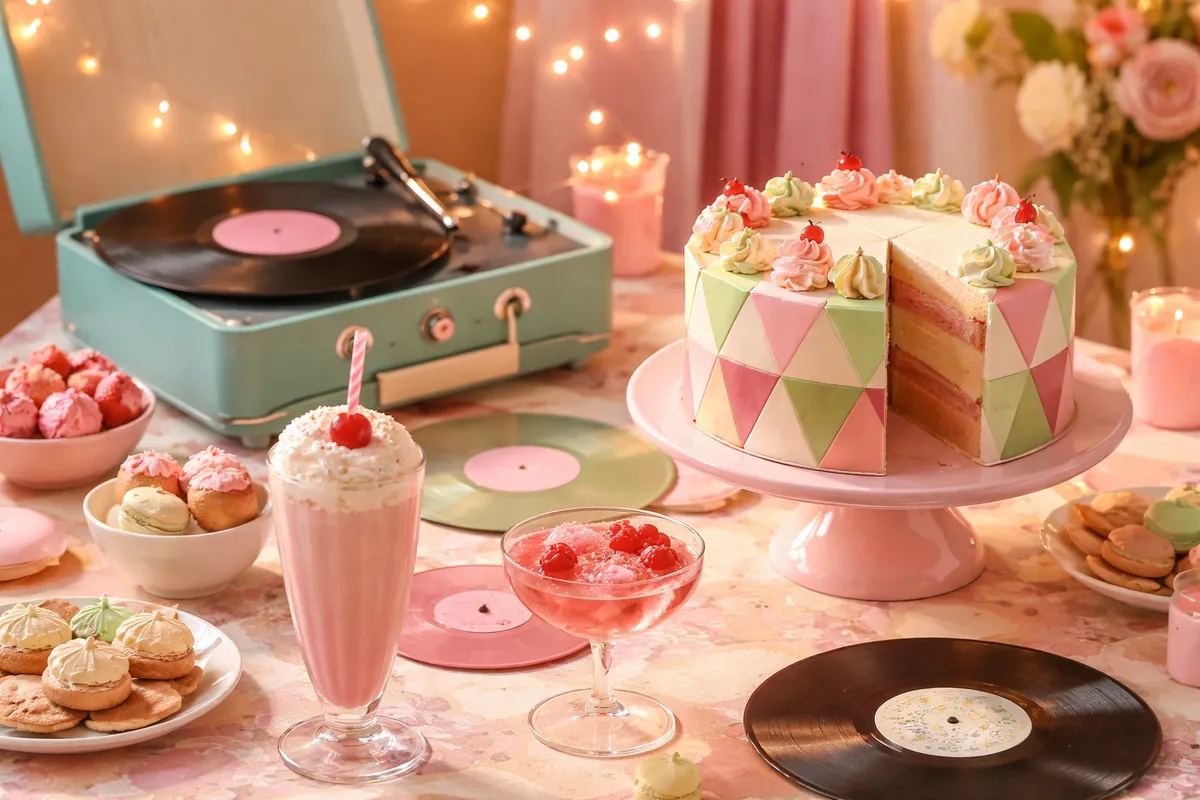 Un tourne-disque bleu pastel, un gâteau à motifs géométriques, un milk-shake et des vinyles posés sur une table rose