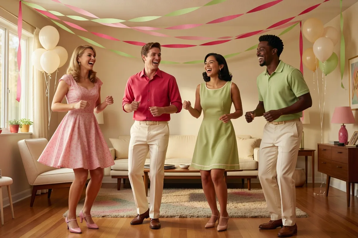 Quatre invités en tenues roses et vertes dansent dans un salon décoré de serpentins et de ballons