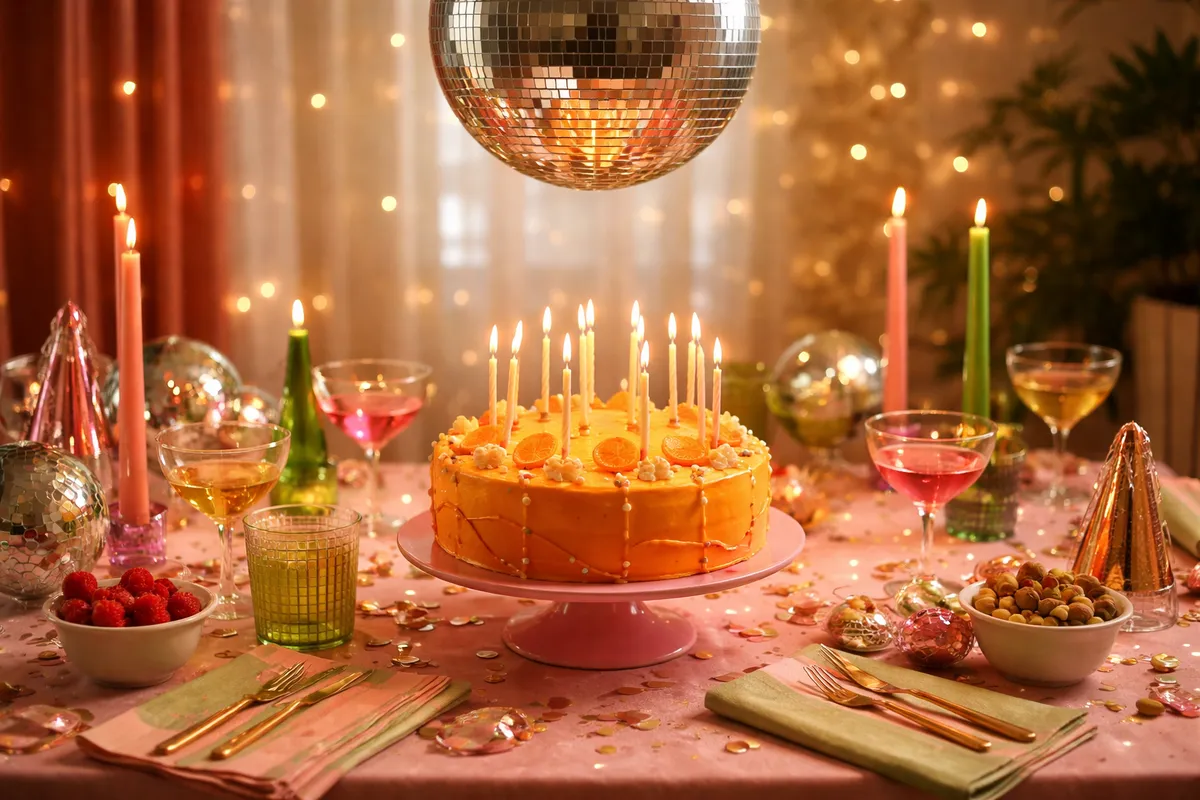 Une table dressée avec un gâteau orange couvert de bougies, des cocktails roses et une boule à facettes au-dessus