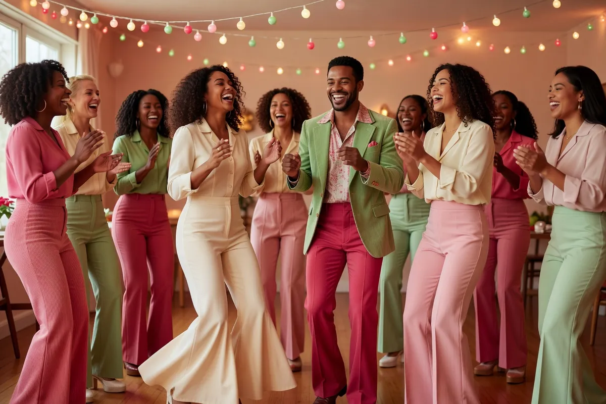 Une douzaine d’invités en pantalons évasés roses, verts et crème dansent en riant sous des guirlandes lumineuses
