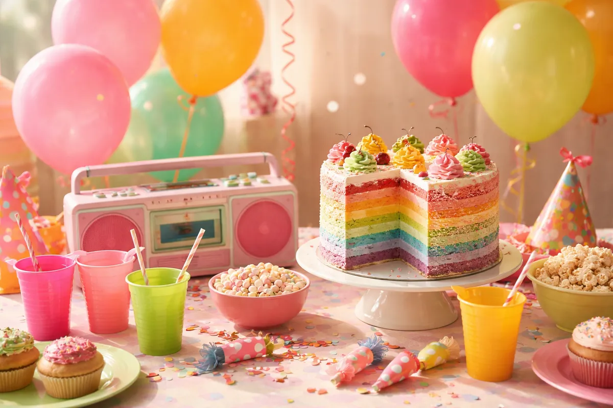 Une table avec un radiocassette rose, un gâteau arc-en-ciel, des gobelets colorés, du pop-corn et des ballons